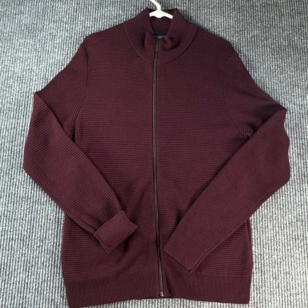 Perry Ellis Mens Full Zip Ribbed Knit Cardigan Sweater Burgundy Maroon Medium